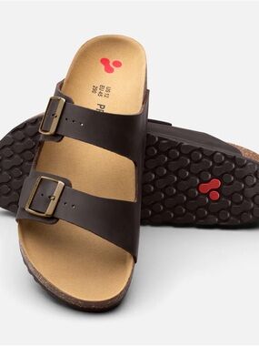 Protalus Cascade Two-Strap Brown Leather Slide Sandals with Buckles Size 8.5